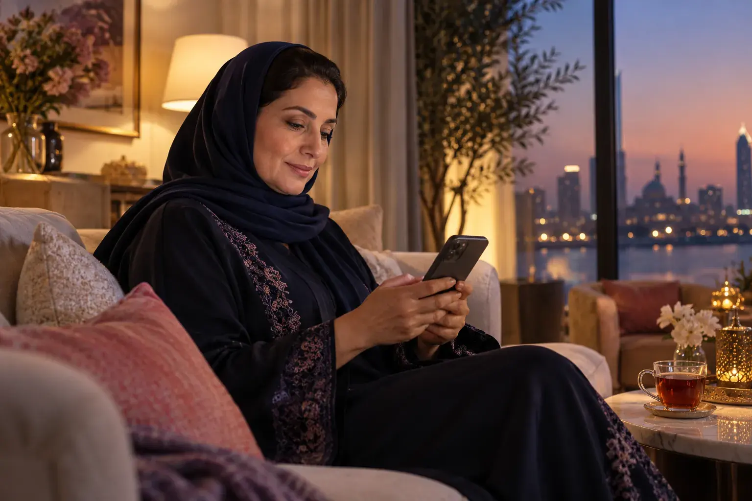 مريضة في منزلها مساءً تقرأ رسالة على هاتفها
