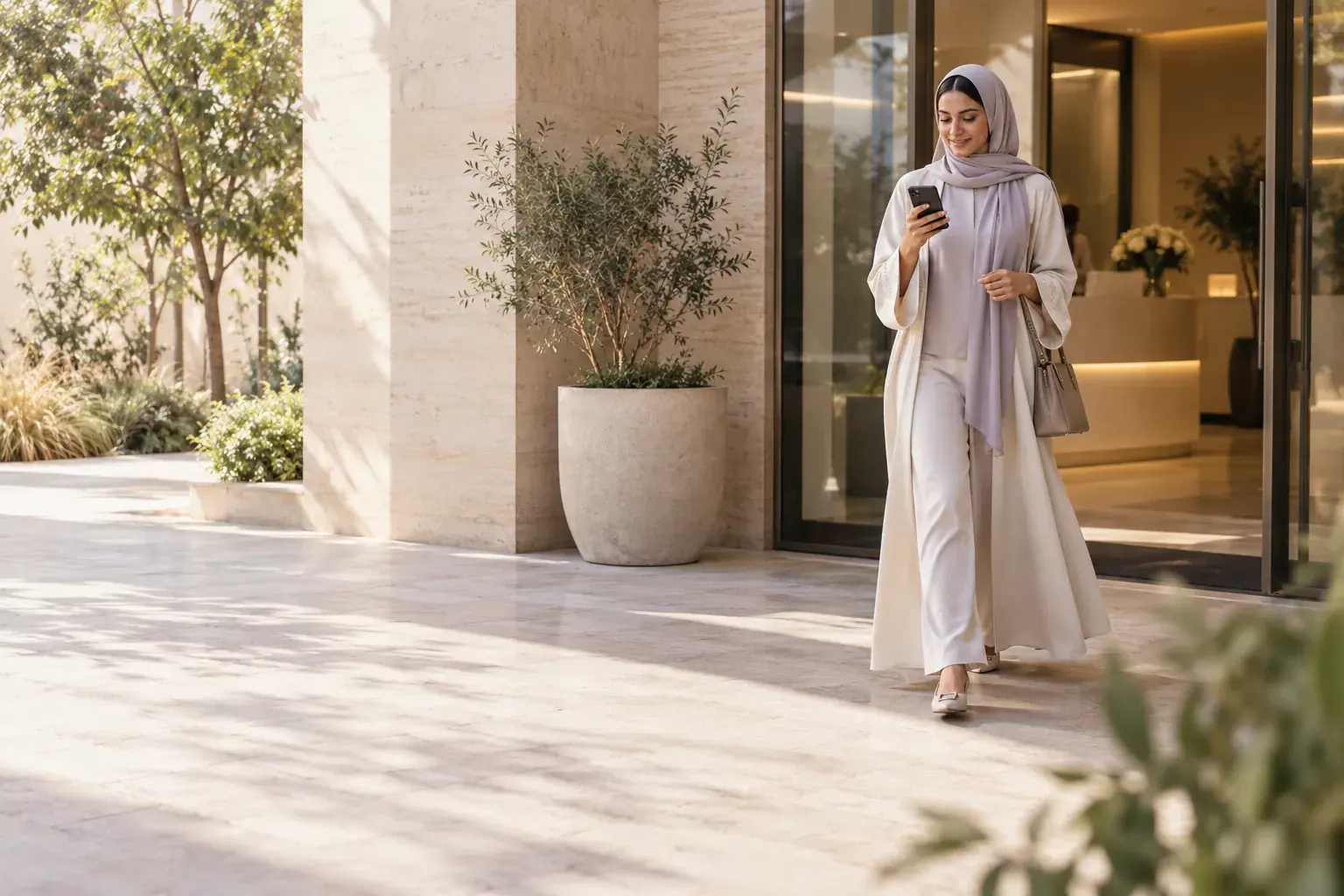 مريضة تخرج من العيادة وتبتسم لرسالة على هاتفها