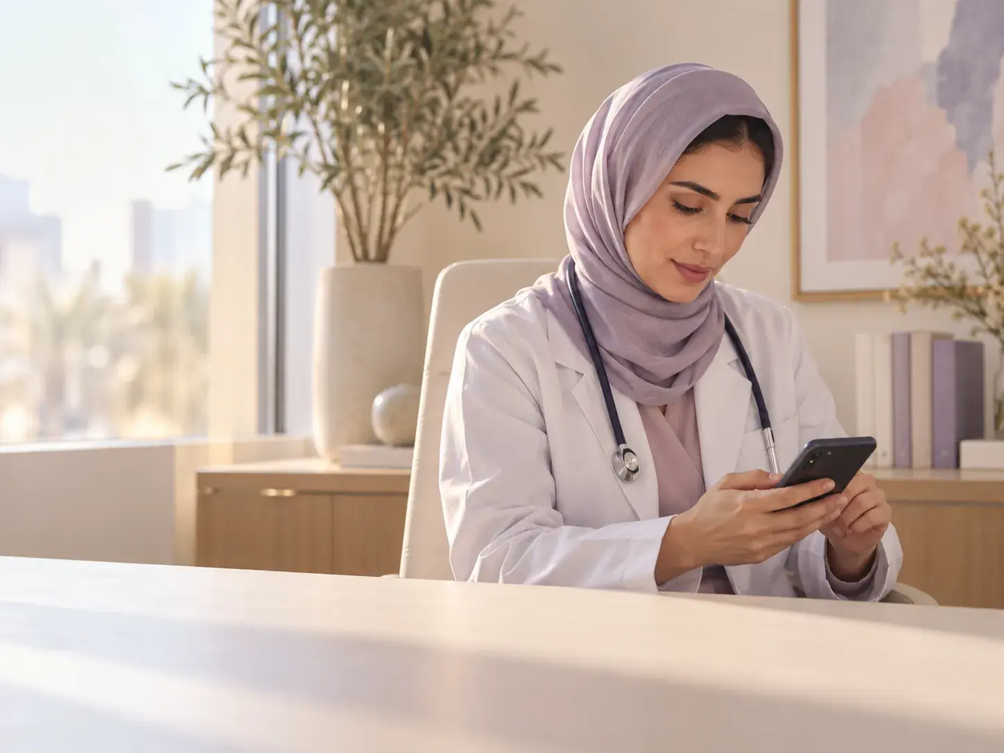 طبيبة على مكتبها بين موعدين، تقرأ على هاتفها