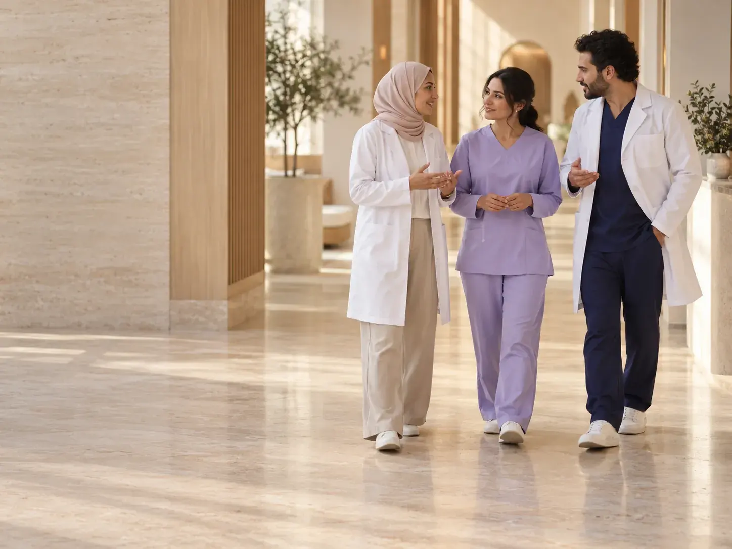 ثلاثة من الكادر الطبي يتحدثون معًا في ممر عيادة مضيء