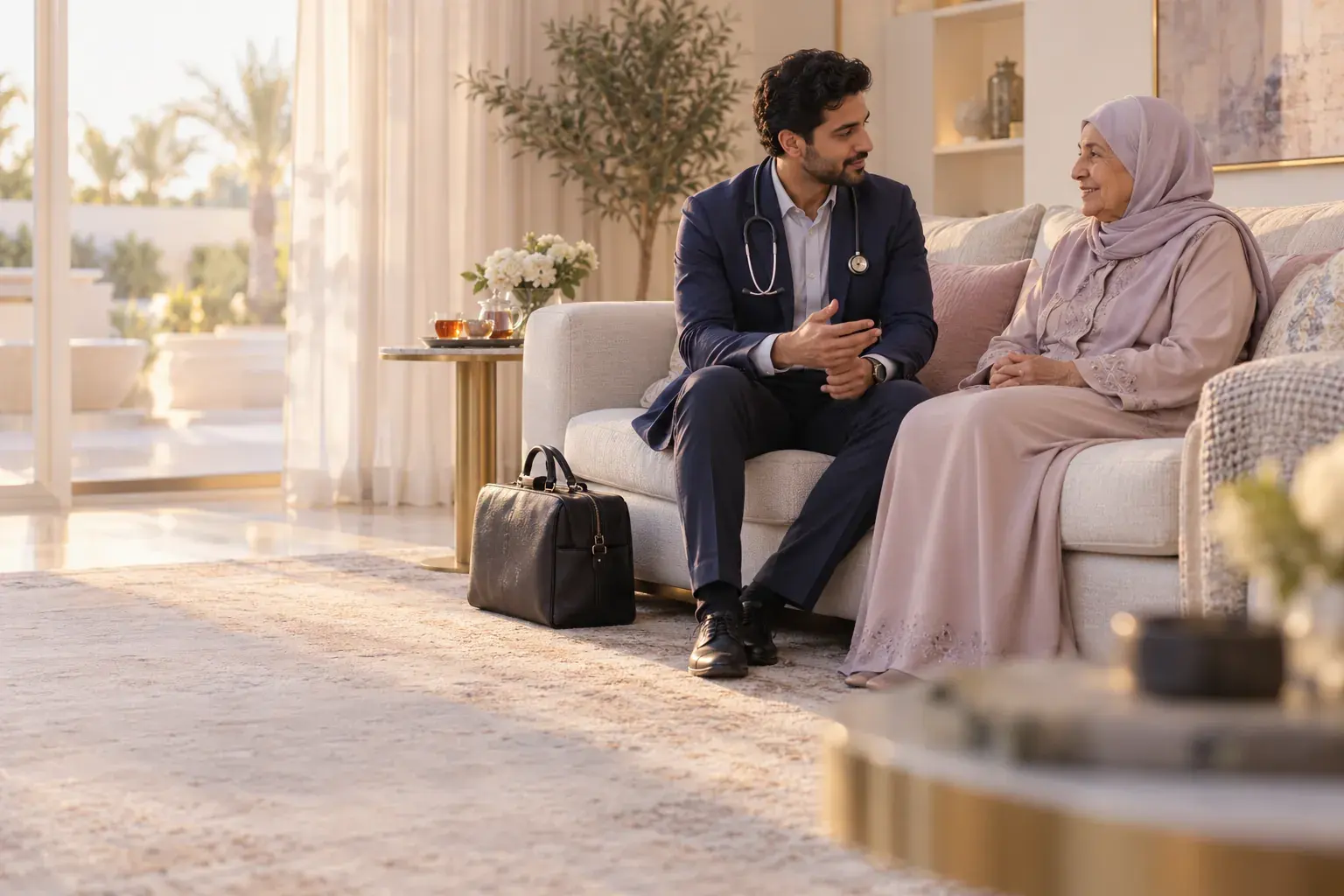 طبيب خاص يجلس مع مريضة مسنّة على أريكة في منزلها