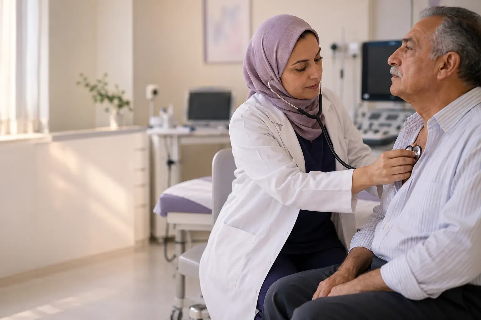 طبيبة أخصائية تستمع إلى صدر مريض مسنّ بالسماعة الطبية