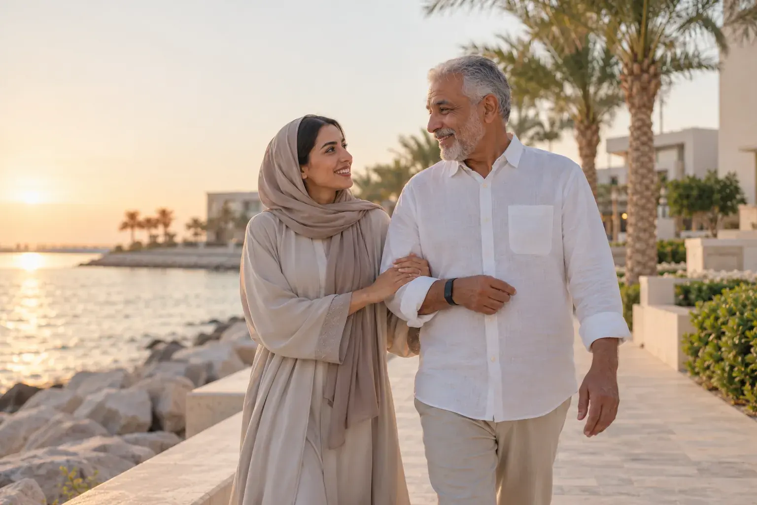 امرأة تمشي متأبطة ذراع والدها عند الغروب