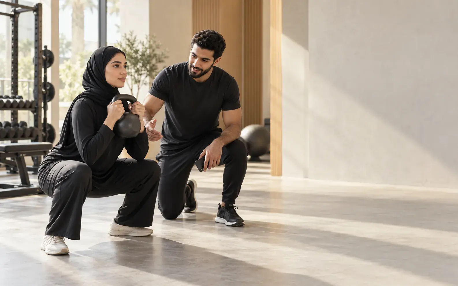 مدرّب يرشد متدرّبة خلال تمرين قرفصاء بالكيتلبل في صالة رياضية مضيئة