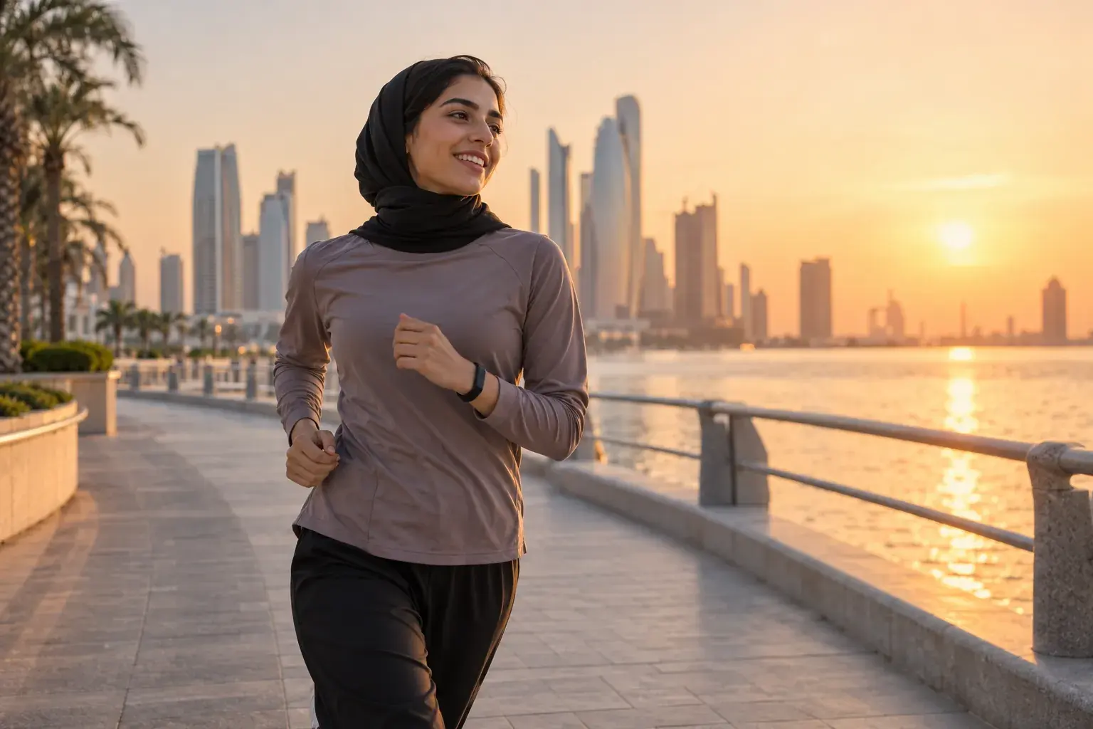 امرأة محجبة تركض على الواجهة البحرية عند الشروق